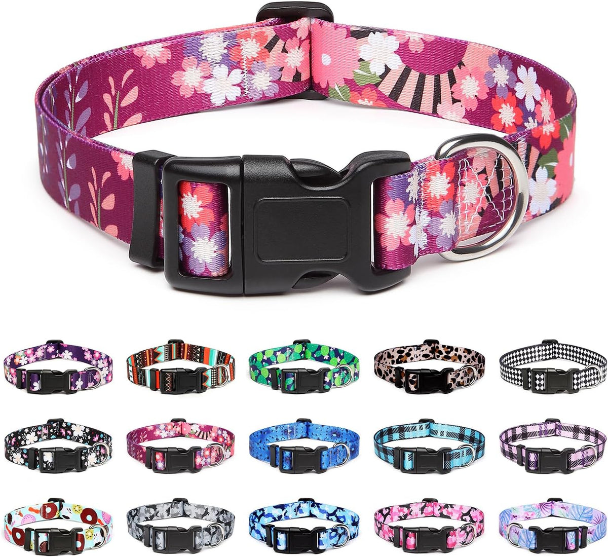 Mercano Adjustable Dog Collar - Special Design Patterns, Soft Nylon Comfortable Durable Pet Collar for Small Medium Large Dogs (S, Colorful Flower)