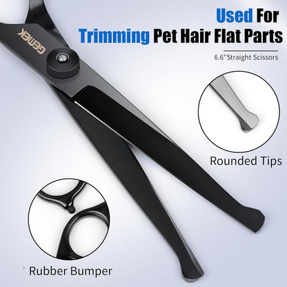 Dog Grooming Scissors Kit with Safety Round Tips, GEMEK Professional 5 in 1 Grooming Scissors for Dogs (Black 5 in 1)