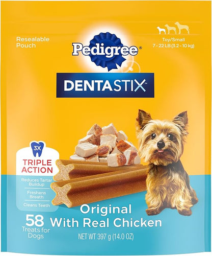 Pedigree Dentastix Small and Toy Breed Dog Treats, Original with Real Chicken, 14 oz. Bag (58 Treats)