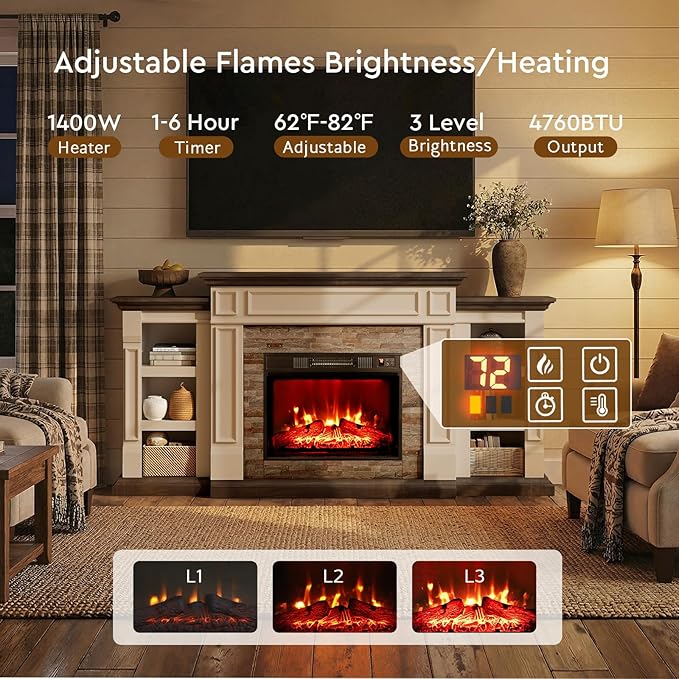 72" Electric Fireplace with Mantel, Fireplace TV Stand