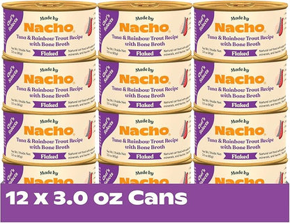 Made by Nacho Flaked Filets Recipe in Bone Broth, Grain-Free Chef's Selects Wet Food for Cats Balanced Diet in Naturally Hydrating Pumpkin-Infused Broth (3.0 oz (Pack of 12), Tuna & Rainbow Trout)