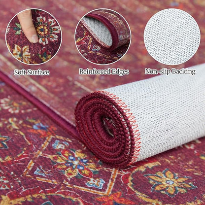 8x10 Soft Washable Area Rugs for Living Room and Bedroom, Non-Slip Stain Resistant Indoor Carpet, Cozy Floor Mat for Dining Room, Office, Under TableStain Resistant Persian red Floral