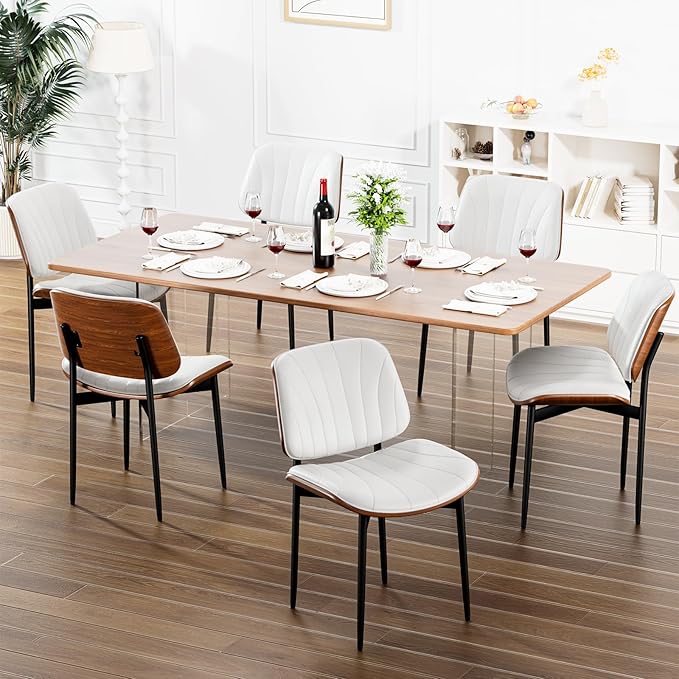 YaFiti Dining Chairs Set of 8, Dining Room and Kitchen Chairs, FSC Certified Mid Century Modern Accent Chair, Upholstered PU Leather Chairs for Vanity with Walnut Bentwood and Metal Legs, White