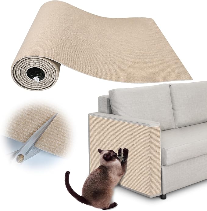 Cat Scratching Pad - 78.7" x 15.8" Trimmable Self-Adhesive Cats Claws Scratch Furniture Protector, DIY Cat Climbing Couch Protector for Scratch Post Cat Tree Replacement Indoor (Khaki)