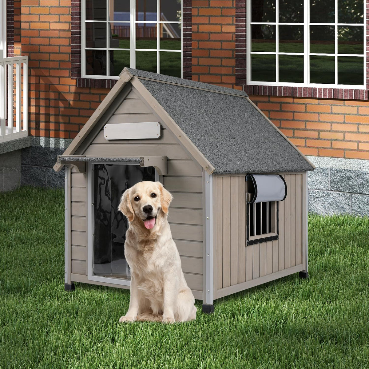 Outdoor Dog House Weatherproof Large Wooden Dog Kennel Indoor for Small Dogs with Chew-Proof Frame, Oxford Fabric Window, Removable Floor Pet Shelter (Grey, 30.5" D x 37.4" W x 39.3" H)