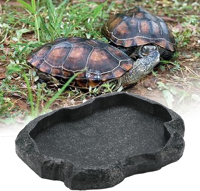 Tortoise Water Bowl - Reptile Water Food Dish Medium - Shallow Rock Reptile Feeder - Pet Aquarium Ornament Terrarium Dish Plate for Feeding Water Tortoise Lizard, 7.1 * 5.5 * 0.8in