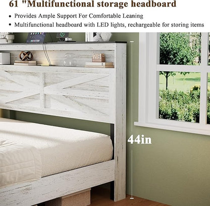 Farmhouse Queen Size Bed Frame with Headboard Storage Shelf, Wood Platform Bed Frame with LED Lights & Charging Station, Rustic White Metal Bed, No Box Spring Needed, Noise-Free Sturdy Structure
