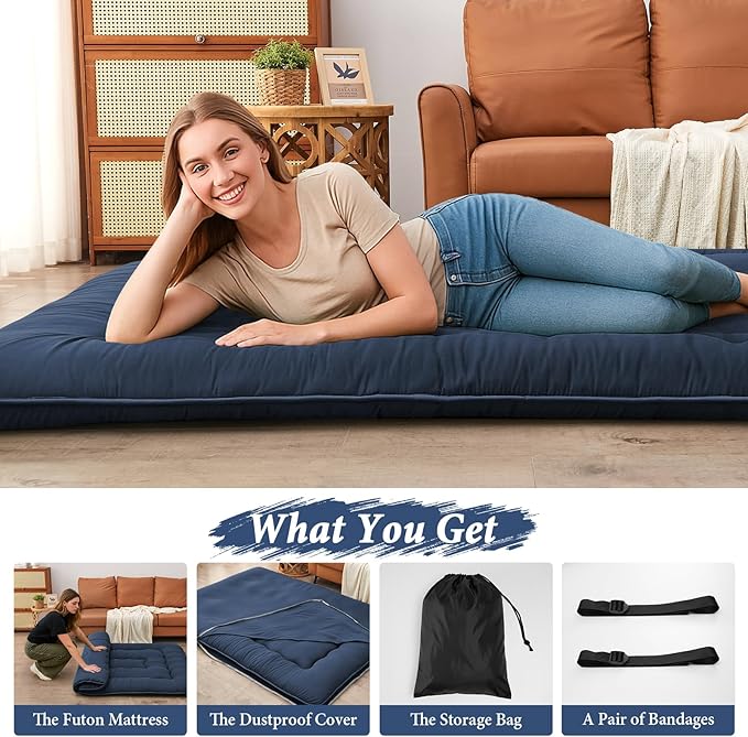 DAICO Japanese Floor Mattress, 4'' Thicken Futon Mattress Tatami Mat, Sleeping Pad Foldable Roll Up Mat for Camping and Guest Room, Twin Size 39''*80'', Navy