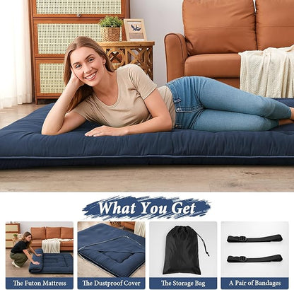 DAICO Japanese Floor Mattress, 4'' Thicken Futon Mattress Tatami Mat, Sleeping Pad Foldable Roll Up Mat for Camping and Guest Room, Twin Size 39''*80'', Navy
