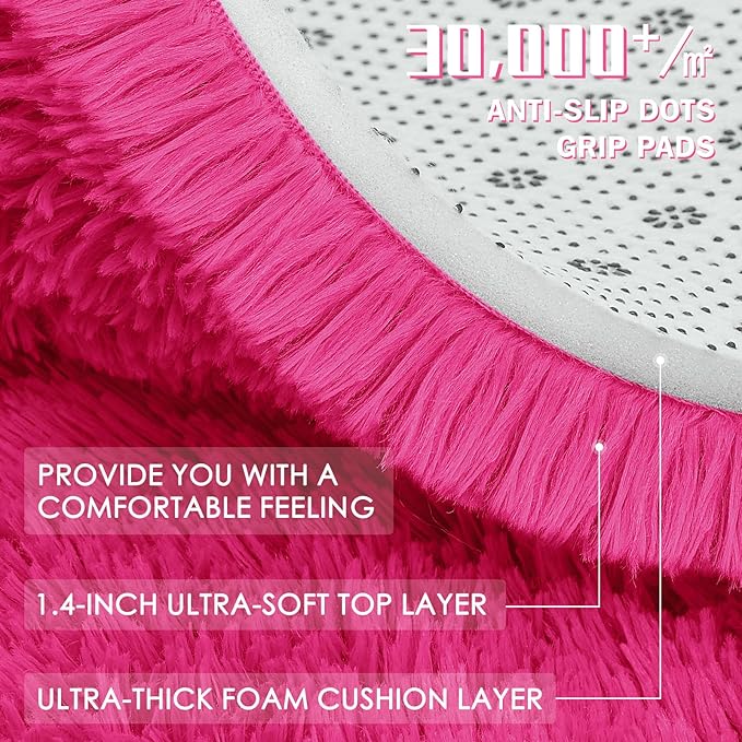 OLANLY Hot Pink Round Rugs for Bedroom - Machine Washable, 8 ft Circle Area Rugs for Living Room, Soft and Fluffy Shaggy Carpet for Teen Girls and Boys, Nursery Rooms, Dorms, Home Decor Aesthetic