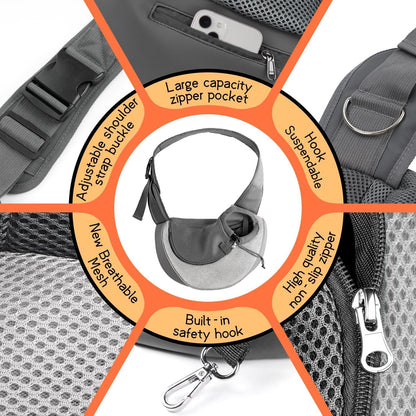 YUDODO Pet Sling Carrier for Small Dogs & Cats – Hands-Free Puppy Carrier with Safety Hook, Large Zipper Pocket, Soft Breathable Mesh, Adjustable Strap & Reflective Strip (Gray 1.0 M)