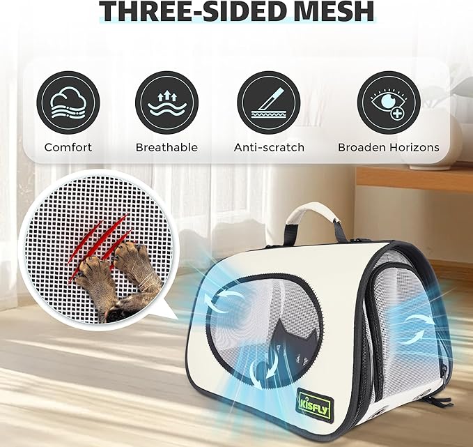 Cat Carrier Purses for Women, Airline Approved Pet Travel Bag for Cats, Kittens, Rabbits up to 10 lbs - Collapsible, Soft-Sided,16x10x10 in, Breathable Mesh with Kitty Pattern, Collar and Leash, Cream