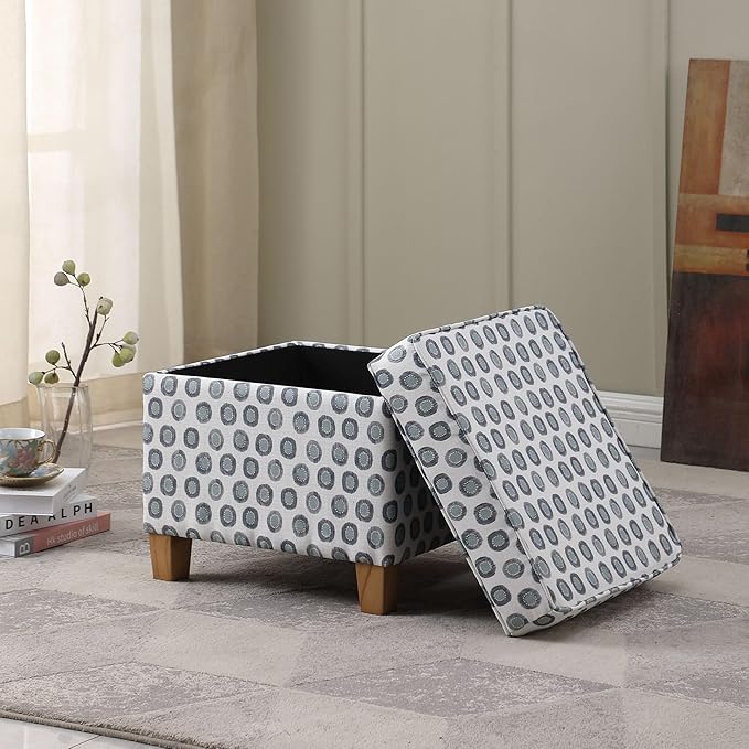 Homepop Home Decor | K7342-A876 | Classic Square Storage Ottoman with Lift Off Lid | Ottoman with Storage for Living Room & Bedroom, Small Multi Green Medallion Ikat Print