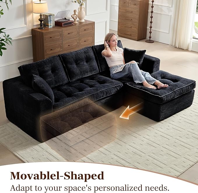Cloud Couches for Living Room, Modern Modular Sectional Sofa with L-Shape Chaise, Boneless Couch with Deep Seat, Plush Corduroy, No Assembly Required (Black)