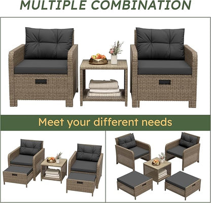 LHBcraft 5 Piece Patio Conversation Set Outdoor Patio Chairs with Ottomans Balcony Furniture with Soft Cushions & Coffee Table for Poolside Garden Balcony (Black Cushion +Yellow Rattan)
