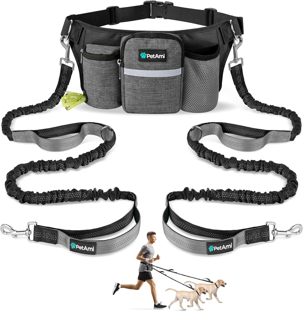 PetAmi Premium Hands Free Dog Leash for 2 Dogs, Adjustable Waist Belt Leash for Dog Walking, Fanny Pack Accessories Bag Dual Bungee Leash for Running, Hiking, Jogging, Biking, Charcoal Grey