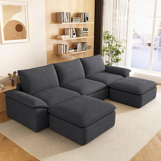 111" Cloud Sectional Couch with U-Shaped Chaise, Corduroy Sectional Sofa with Ottoman, Boneless Couch with Deep Seat in a Box for Living Room, No Assembly Required (Dark Grey)