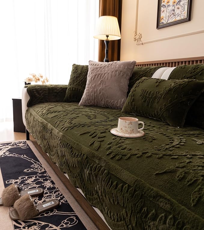 Green Fuzzy Rabbit Plush Sofa Cover Cozy Warm Sofa Couch Covers with 3D Jacquard Leaf Pattern Non-Slip Easy-to-Install Shaggy Sofa Slipcover Prefect for Kids Dogs Cats Cats(Green,36"x28")