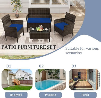 KOTEK 4 Piece Patio Furniture Set, Outdoor Rattan Conversation Set with Loveseat, Wicker Chairs, Tempered Glass Coffee Table, Wicker Patio Set for Backyard, Porch (Navy)