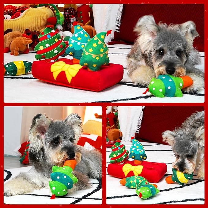 Christmas Hide and Seek Dog Toys, Squeaky Interactive Puzzle Dog Toys for Boredom and Stimulation, Dog Enrichment Toys for Small and Medium Dogs (Christmas Trees, Pack of 6)