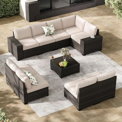 SunloungeCo Patio Furniture Set, 10 Pieces Outdoor Couch Sofa with Wider Armrests & Glass Coffee Table, Outdoor Sectional Furniture with Thick Cushions for Party, Poolside,Garden-Beige