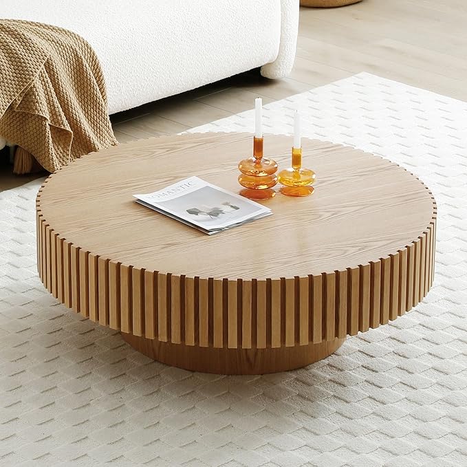 31.49'' Original Wood Color Small Round Coffee Table for Apartment, Modern Living Room Coffee Table with Sturdy Pedestal for Small Space