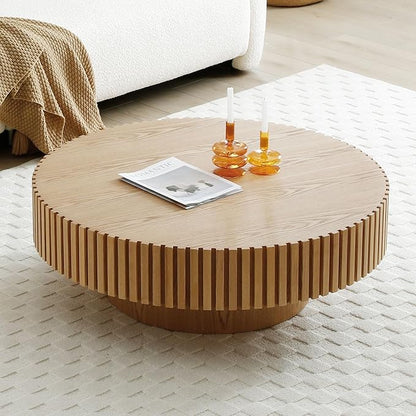 31.49'' Original Wood Color Small Round Coffee Table for Apartment, Modern Living Room Coffee Table with Sturdy Pedestal for Small Space