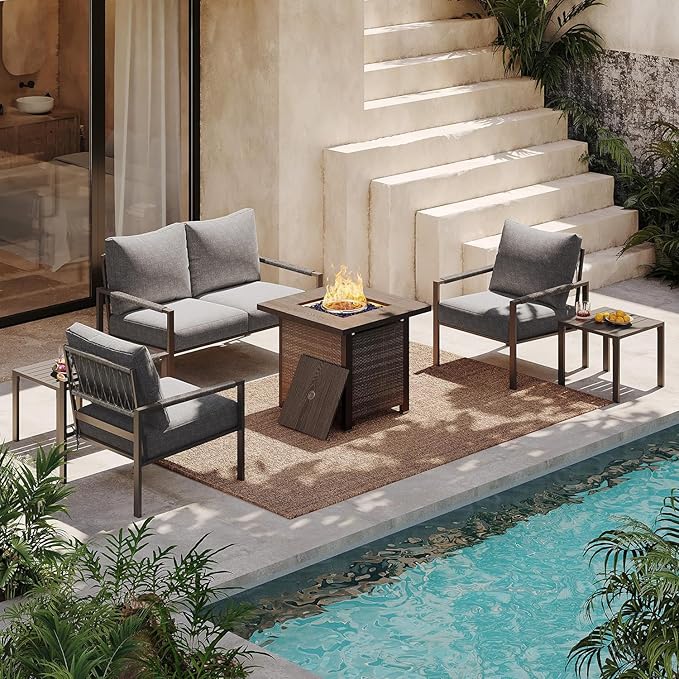 Metal Patio Furniture Set w/Fire Pit Table, 6-Piece Modern Outdoor Conversation Set with 5-Inch Thick Cushions, Outdoor Furniture Set for Garden, Backyard, Balcony, Poolside (Dark Grey)