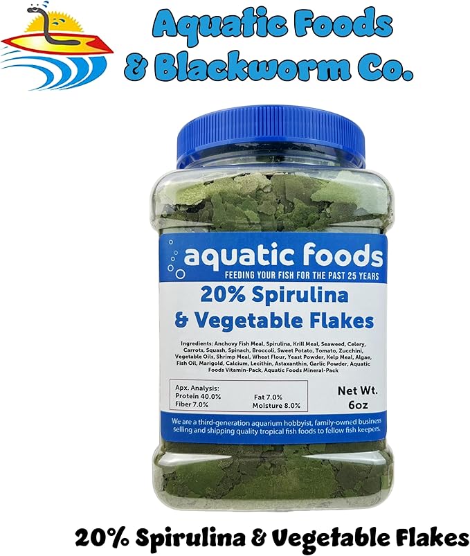 Aquatic Foods Inc. Premium Spirulina & Vegetable Flakes with 20% Spirulina for African Cichlids, Angle Fish, All Tropical Fish Also Pellet Mix, Wafer Mix Included…6oz