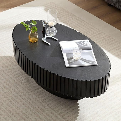 43.7'' Oval Wood Coffee Table,Modern Handcraft Drum Coffee Table for Living Room, Small Center Table with Sturdy Pedestal (Black, L43.7 x W24.8 x H13.38)