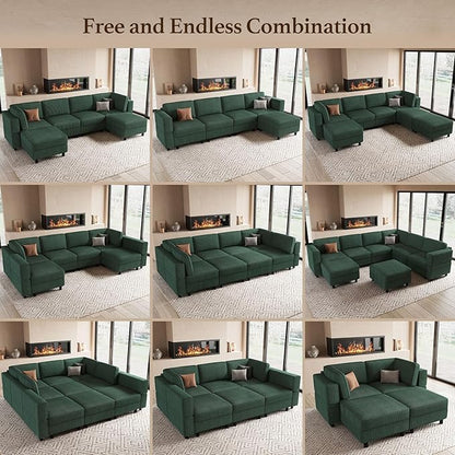 88.6" Modular Sectional Sofa with Sleeper Sofa,6 Seat Corduroy Sectional Couch with Deep Storage Seat,Upholstered Sectional Couches for Living Room,Green