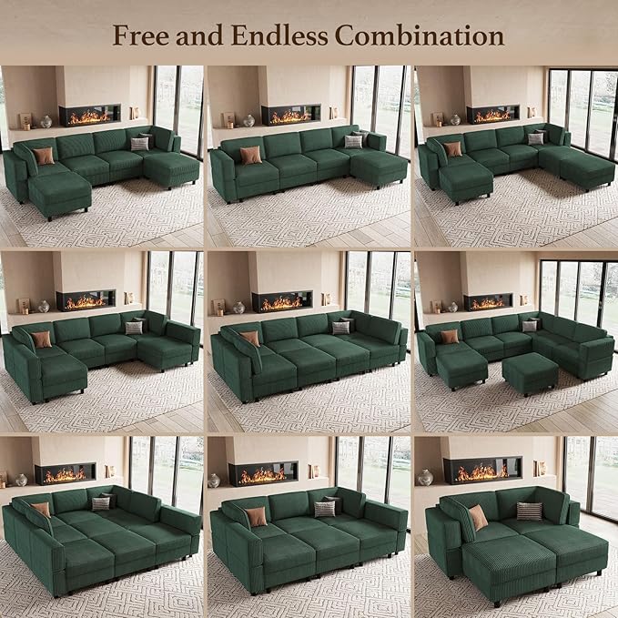 114.2" 8 Seat Modular Sectional Sofa with Deep Storage Seat, Comfy Corduroy Sectional Couch Convertible Modular Sleeper Sofa Couch with Movable Ottoman Chaise, Green