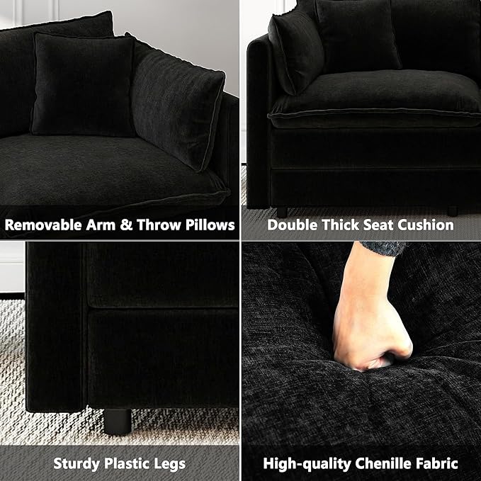 Aoowow Modular Sectional Sofa Modern Convertible Loveseat Couch,77.16 Inch Deep 2-Seater Sofas Comfy Chenille Cloud Sofas and Couches with Pillows for Living Room Apartment（Black）