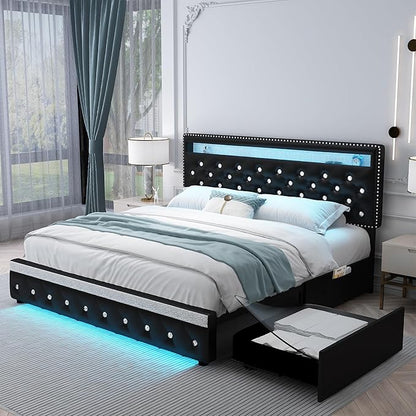 Queen Led Bed Frame with 2 Drawers, Heavy Duty Upholstered Platform Bed Frames Queen Size with Storage and Adjustable Crystal Button Tufted Headboard, No Box Spring Needed, Easy Assembly, PU Black