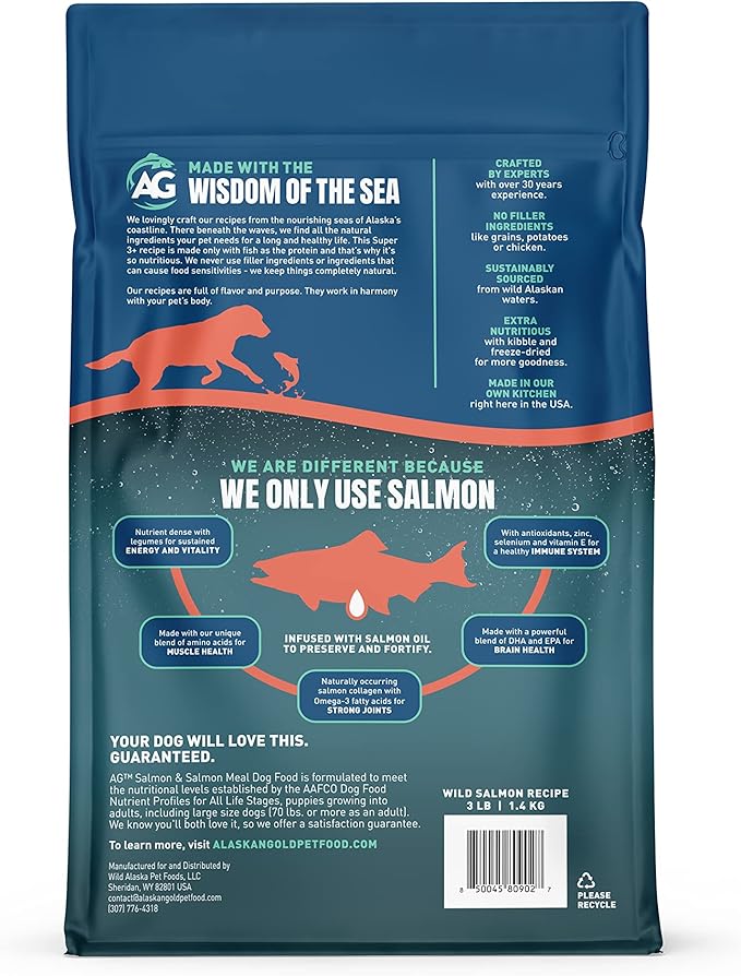 SUPER3+ Salmon Freeze Dried Raw Salmon Dry Dog Food | Puppy & Adult | Small & Large Breed | High-Protein | Grain-Free | All-Natural Nutrition | 3-lbs
