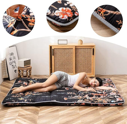 MAXYOYO Black Floral Japanese Futon Floor Mattress, Bed Mattress Topper Portable Thick Sleeping Pad Floor Bed Roll Up Camping Mattress Folding Couch Bed Mattress Pad for Guest Room King