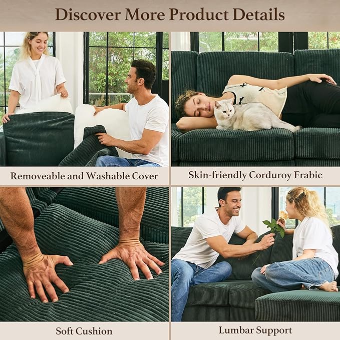 63" Modular Sectional Sofa with Storage Seat,Corduroy Sectional Couch Convertible 4 Seat Modular Sleeper Sofa Couch with Movable Ottoman Chaise,Comfy Sectional Couches for Living Room,Green