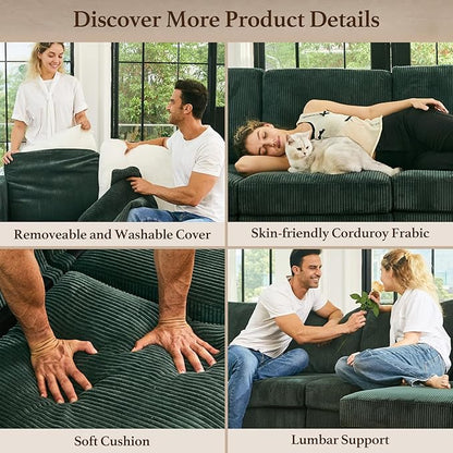 63" Modular Sectional Sofa with Storage Seat,Corduroy Sectional Couch Convertible 4 Seat Modular Sleeper Sofa Couch with Movable Ottoman Chaise,Comfy Sectional Couches for Living Room,Green