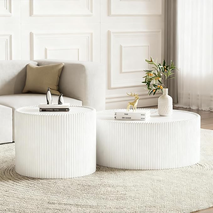 Round Coffee Table Set with Sintered Stone Tabletop, 29.52" White Drum Center Table and 17.71" White Coffee Table Set, 2 Pieces Living Room Table Set with Fluted PU Leather Cover& Stable Base