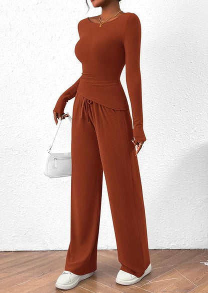 PRETTYGARDEN Women's 2 Piece Lounge Sets Asymmetrical Long Sleeve T Shirt Wide Leg Pants Casual Outfits Tracksuit