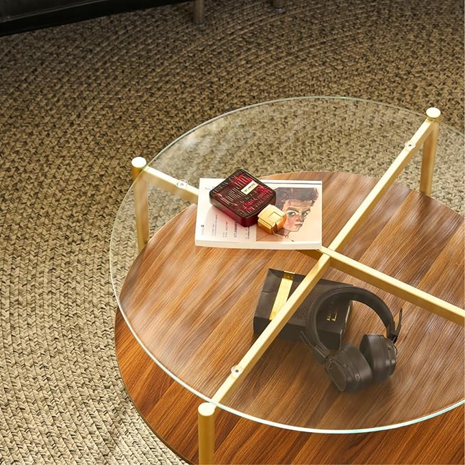 Saint Mossi BLEVIO Glass Round Coffee Table, Middle-Century Modern Style, Perfect for Living Room, Clear Glass Top & Walnut Brown MDF Wood Top, with Gold Finish Legs & Frame