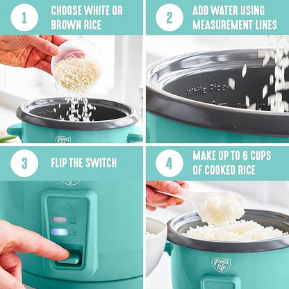 GreenLife Rice Cooker with Removable PFAS-Free Ceramic Nonstick Pot, 3-Cups