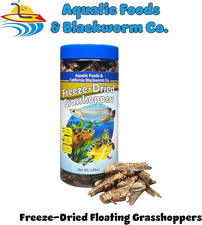 Aquatic Foods Inc. Grasshoppers, Freeze Dried Grasshoppers for Large Tropical Fish, Monster Fish, Reptiles, Turtles, Tortoises, Frogs, Hamsters, Birds, Rodents 2.3oz Canister