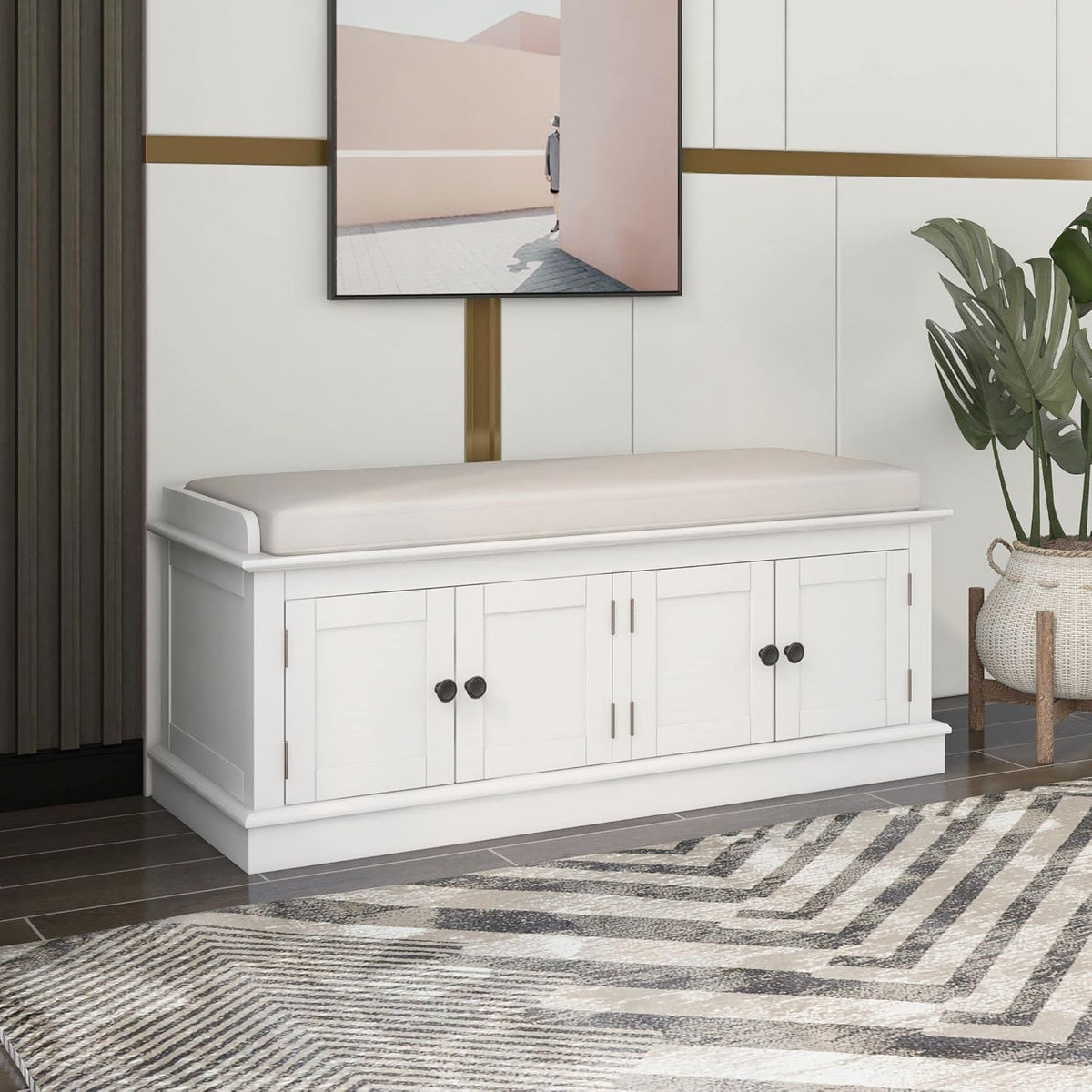 Storage Bench with 4 Doors and Adjustable Shelves, Shoe Bench with Removable Cushion for Living Room, Entryway 42.7" L x 16" W x 17.4" H (White)