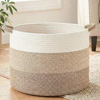 100L Large Cotton Rope Basket, Decorative Woven Blanket Storage for Living Room, Boho Toy Storage & Toy Box for Kids, Versatile Laundry Basket & Nursery Hamper for Blankets(BrownYellow)