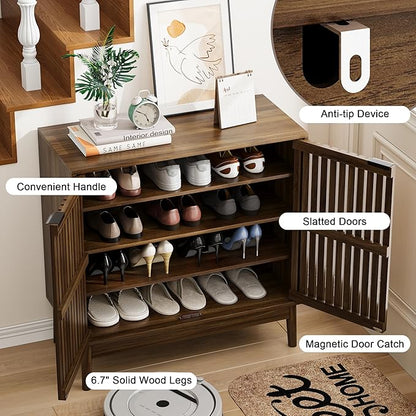 Shoe Cabinet with Slatted Doors, 4-Tier Freestanding Shoe Cabinet Storage