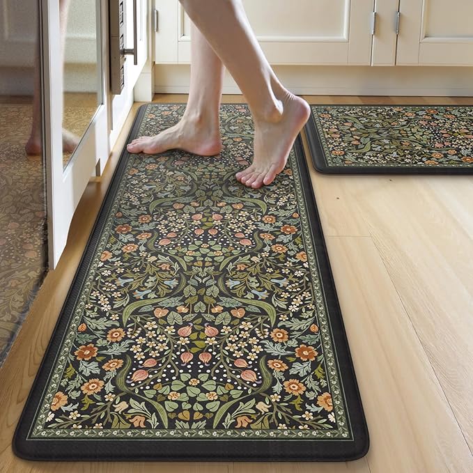 Collive Kitchen Mats for Floor 2PCS, Cushioned Anti Fatigue Mat Non Slip Waterproof Kitchens Sink Rug, Vintage Spring Floral Rugs Comfort Standing Mat for Laundry, Desk, Bar, Office, Black