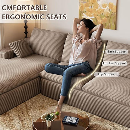 107 Inch Cloud Sectional Couch, Modern Modular Sectional Sofa with Deep Seat, Corduroy Boneless Couches with L-Shape Chaise for Living Room Bedroom, No Assembly Required (Camel, Left Facing Chaise)