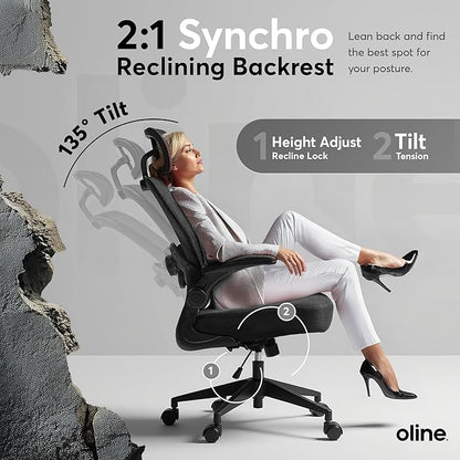 Oline ErgoAir Ergonomic Office Chair – Adjustable Lumbar Support, Flip-Up Armrests, Mesh Computer Desk Chair, Swivel Rolling Executive Gaming Chair for Home & Office (Black)