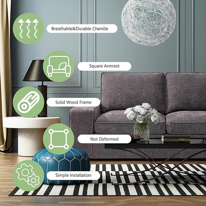 LEISLAND 71.25" Modern Sofas for Living Room, Small Sofas Couches for Small Spaces, Chenille Loveseat Couch with Solid Wood, Metal, Square Arm and Removable Cover/Easy to Install(Dark Grey)